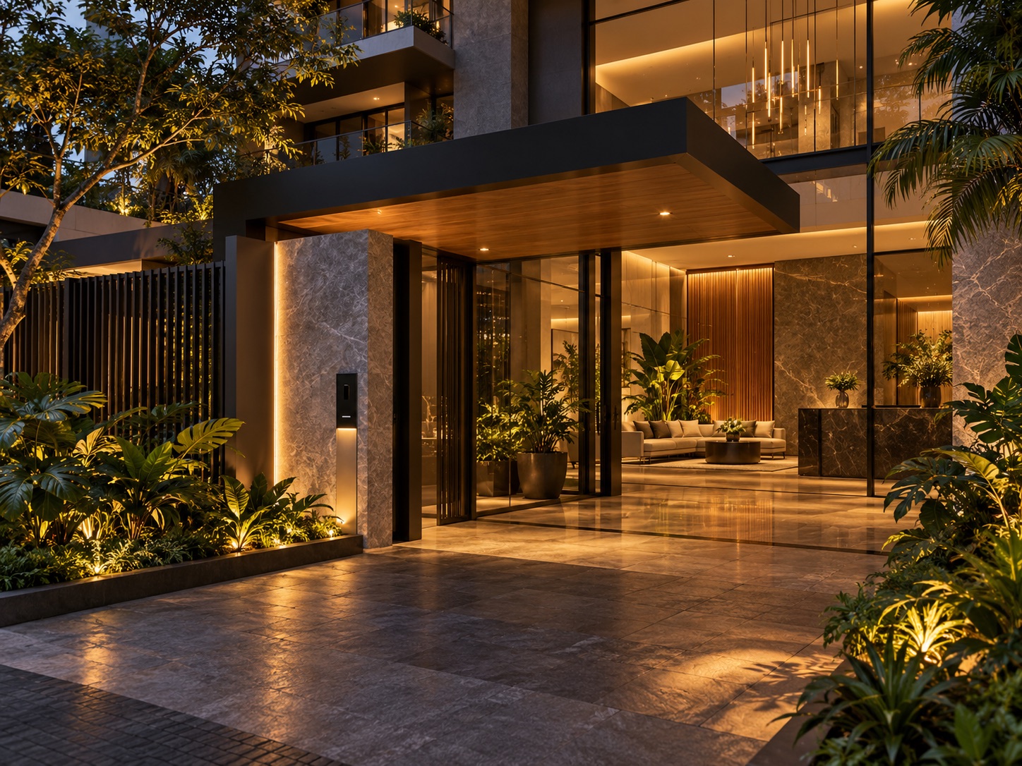Entrada de condomínio contemporâneo com acesso e iluminação integrados