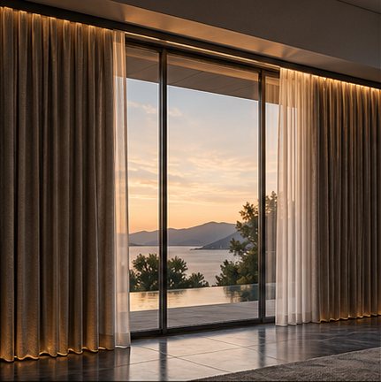 Cortinas automatizadas diante de uma fachada de vidro